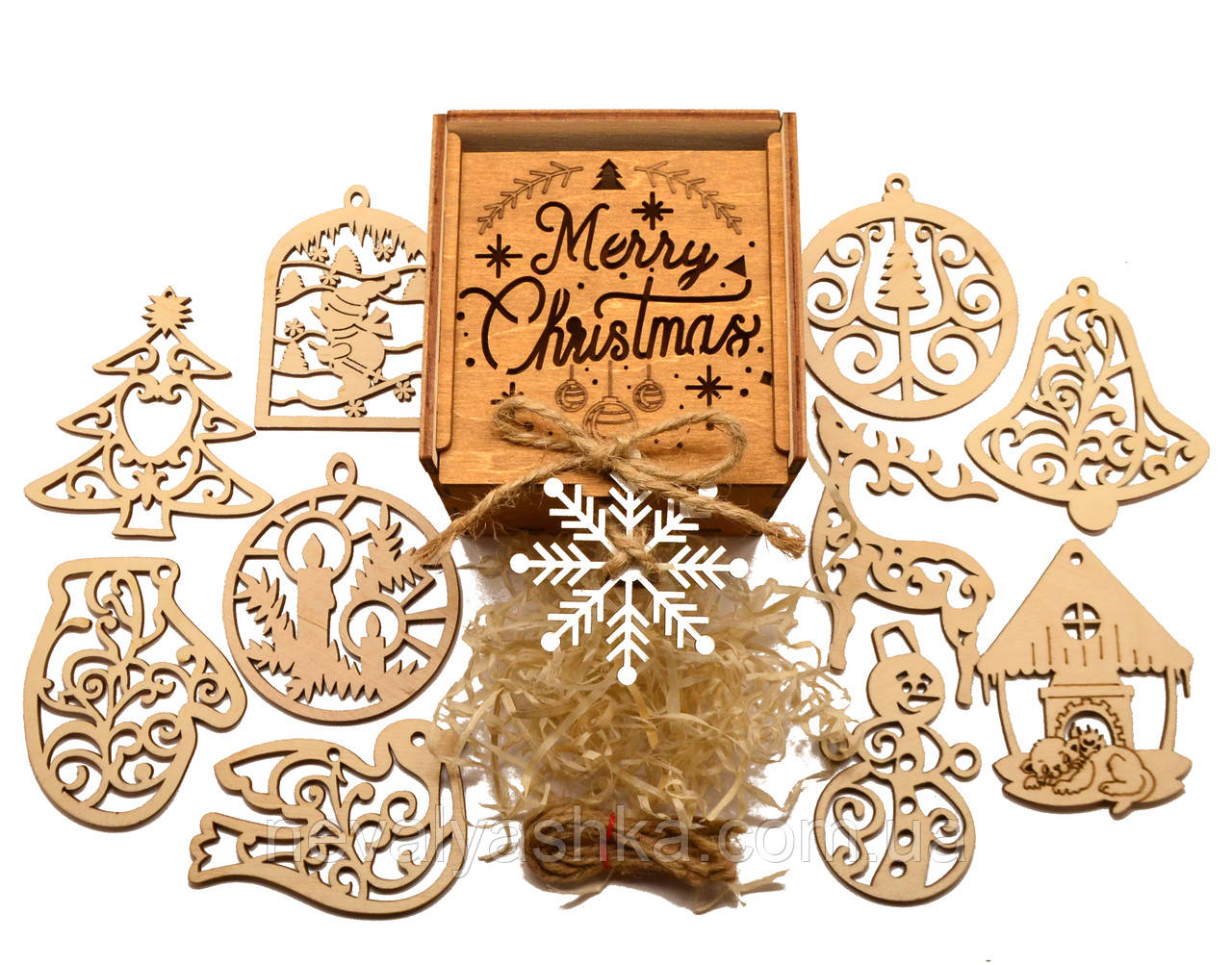 Подарунковий Набір Дерев'яних, Новорічних Ялинкових Іграшок 10 шт в Горіховій Коробці + Прикраса на Ялинку з Фанери
