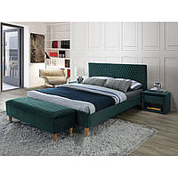Двуспальная зеленая велюровая кровать Signal Azurro velvet 160x200см с мягким изголовьем и деревянными ножками