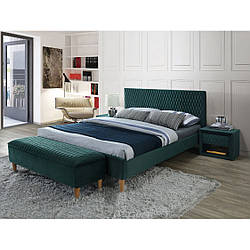 Двоспальне зелена велюрова ліжко Signal Azurro velvet 160х200см з м'яким узголів'ям і дерев'яними ніжками