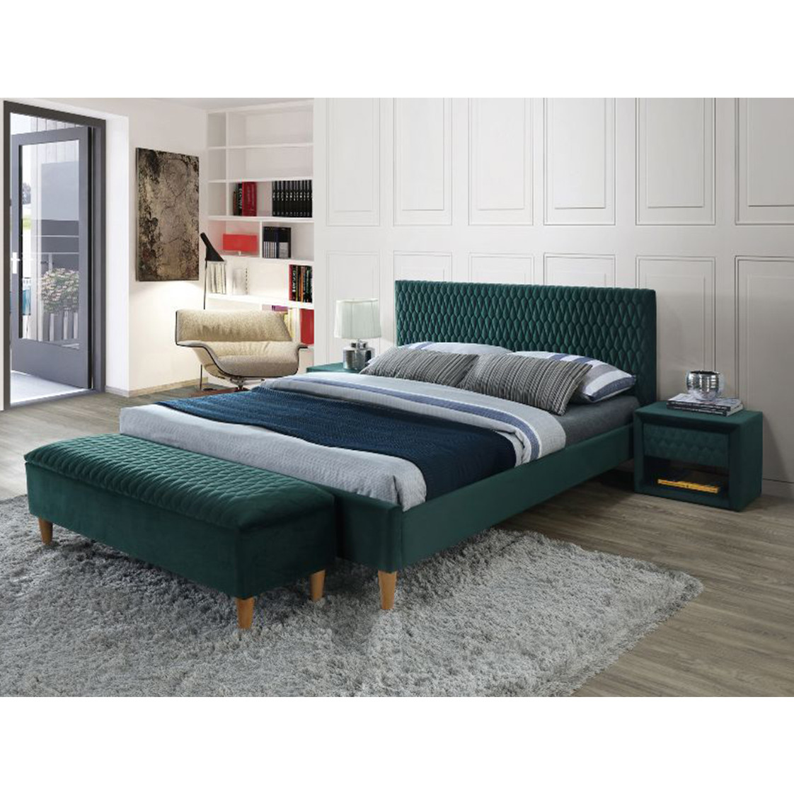 Велике двоспальне зелена оксамитова ліжко Signal Azurro velvet 180х200см з високим м'яким узголів'ям