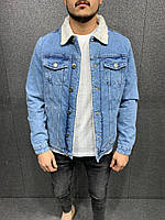 Світло-синій зимовий джинсовий піджак чоловічий з хутряною підкладкою S, M