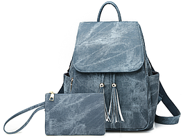 Набір жіночий рюкзак + гаманець синій водонепроникний. Сумка ранець комплект поліуретан PU. Новинка сезону!