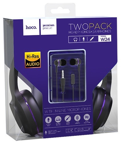 Комплект навушників накладні провідні та вакуумні провідні HOCO Enlighten W24 Чорно-Фіолетовий, фото 1