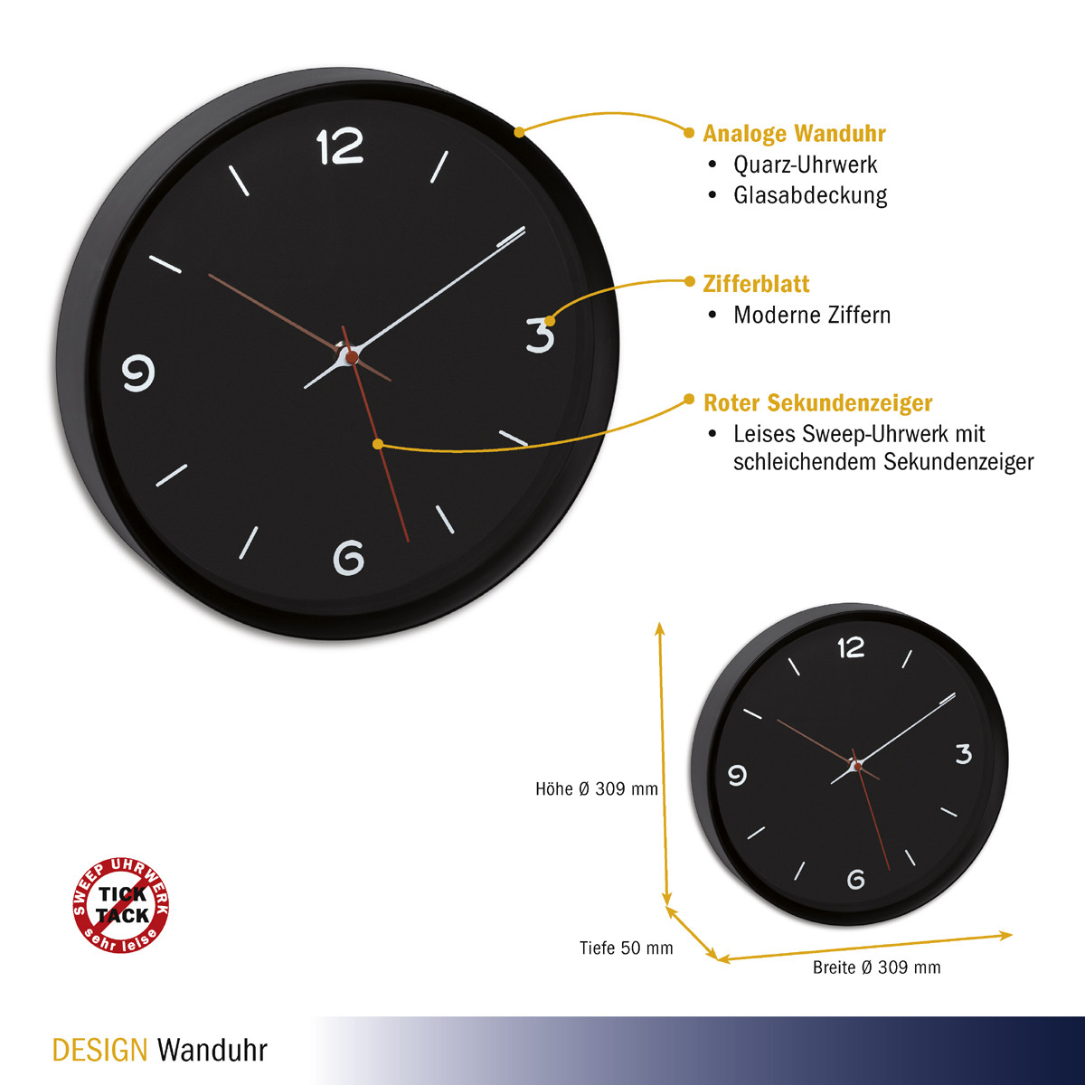 Аналоговые настенные часы TFA Sweep BLACK d=309x50 мм - фото 3 - id-p1310409356