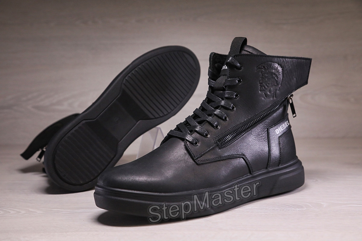 Зимові шкіряні кросівки на хутрі Diesel Black Wing