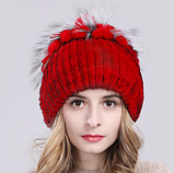 Вишнева жіноча шапка з хутра кролика Рекс і чорнобурки, фото 2