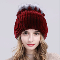 Вишнева жіноча шапка з хутра кролика Рекс і чорнобурки