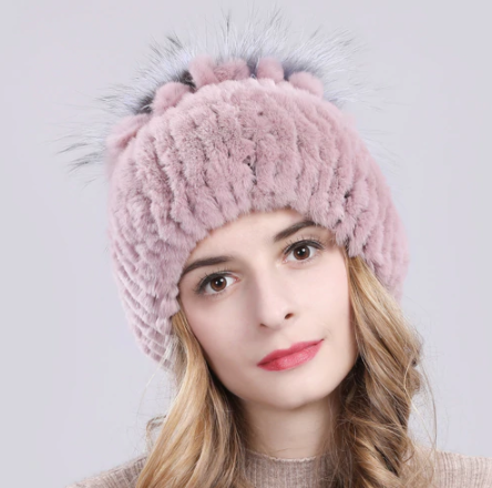 Хутряна шапка з хутра кролика Рекс і чорнобурки колір рожевий, фото 1