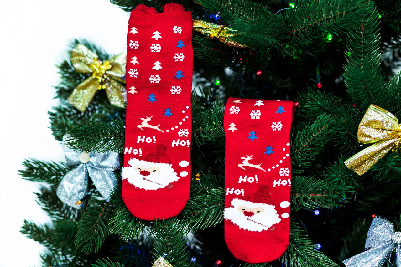 🎄 Червоні новорічні шкарпетки з Дідом Морозом HO! HO! Розмір 36-41 Золото