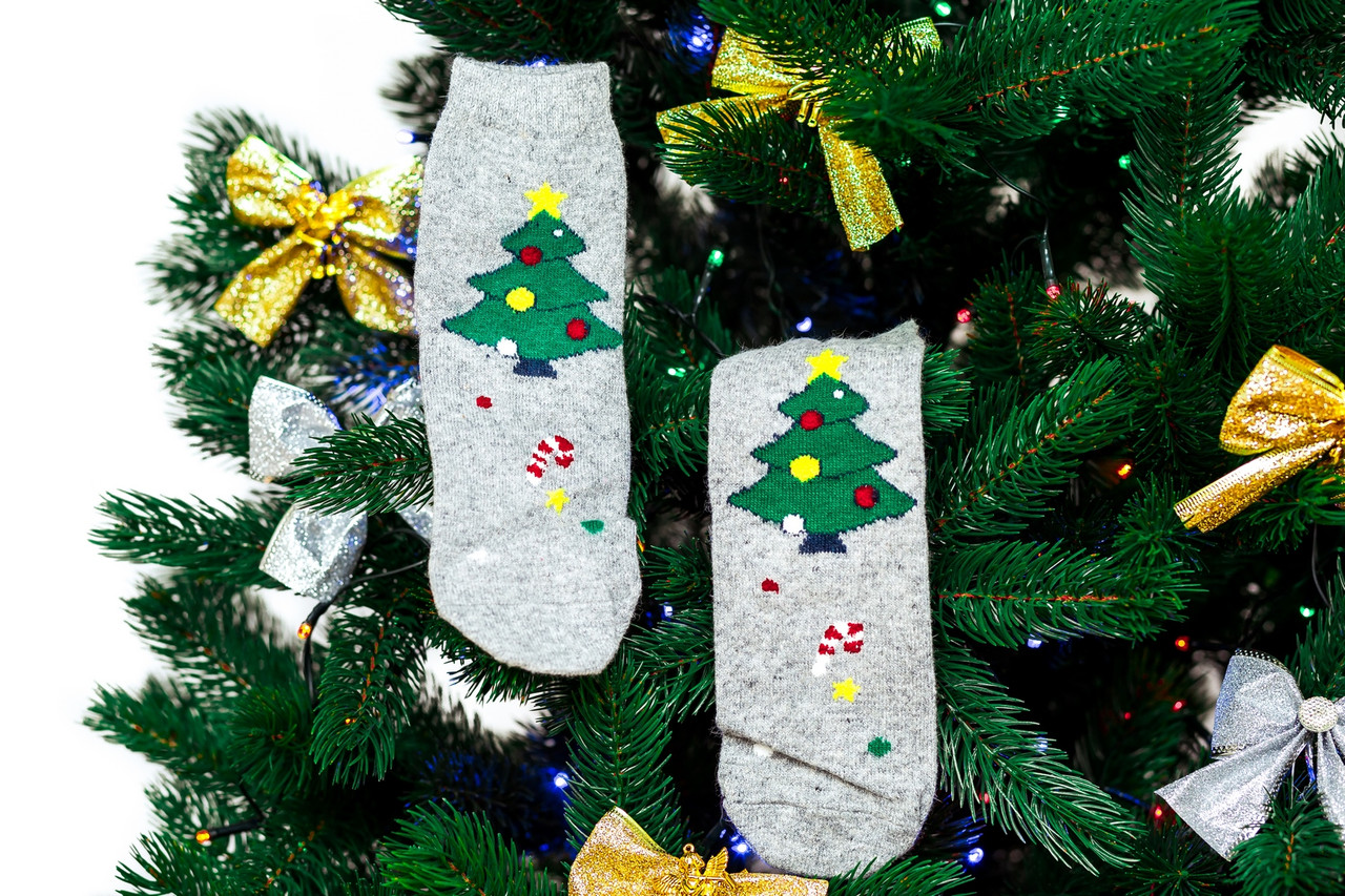 🎄 Сірі новорічні шкарпетки з ялинкою 37-41 розмір MERRY CHRISTMAS Золото
