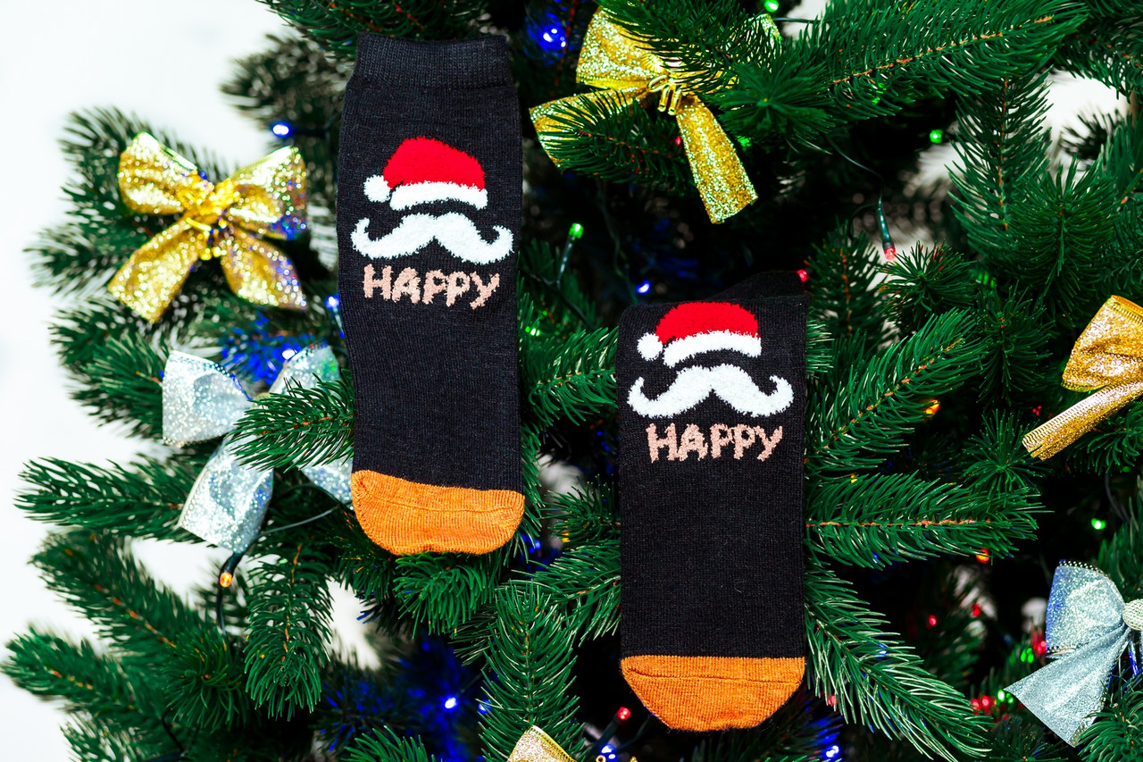 🎄 Чорні новорічні шкарпетки з Дідом Морозом HAPPY NEW YEAR 37-41 розмір Золото
