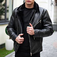 Куртка шкіряна зимова чоловіча косуха до -15°С V6 чорна тепла з хутром