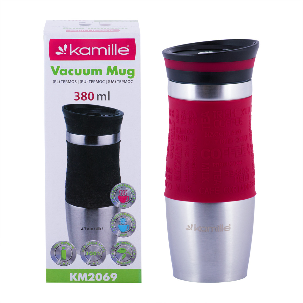 Термокружка Червоний 380мл з нержавіючої сталі з TPR-вставкою KM-2069RD