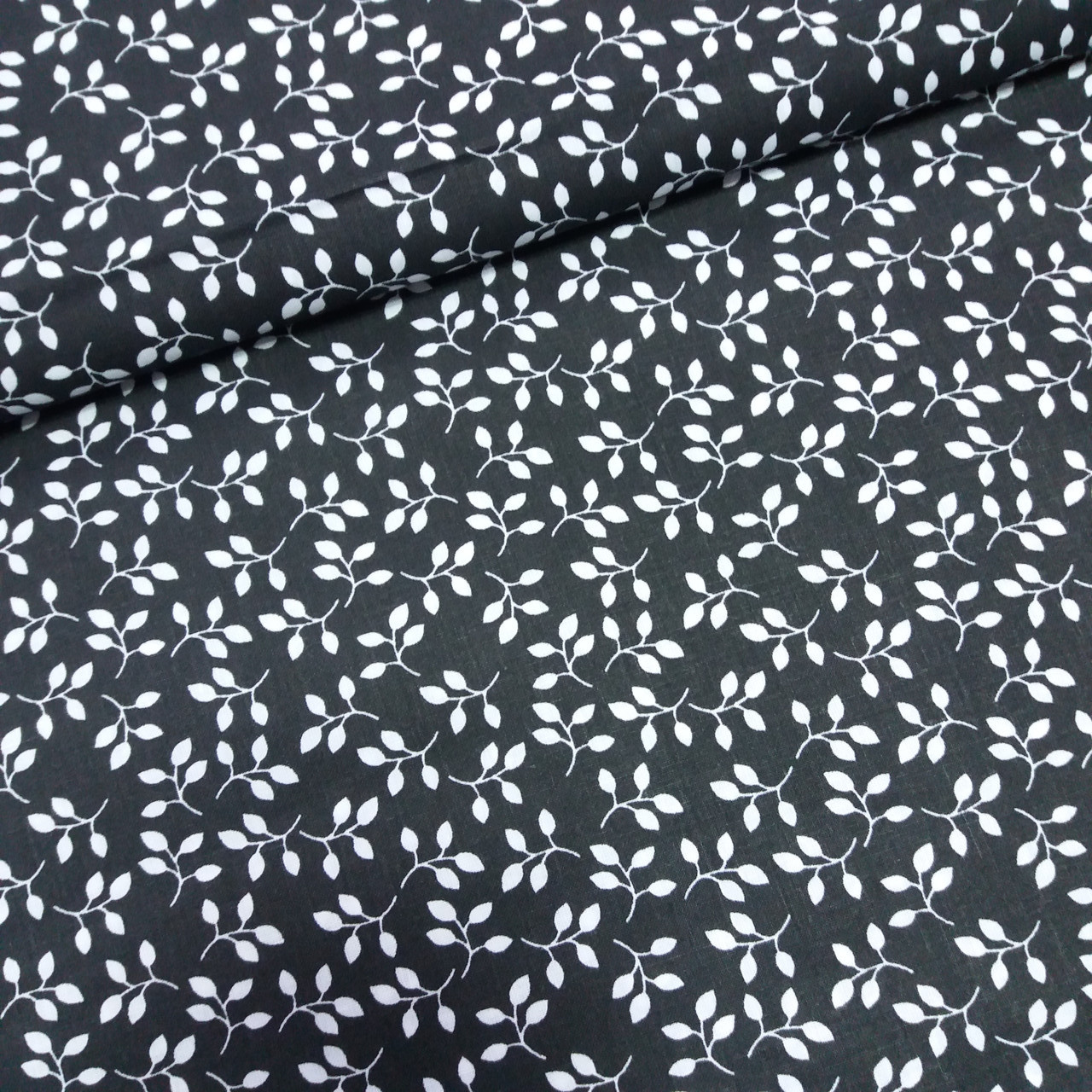 Бязь бавовна з білими листочками на чорному, ш. 160 см, фото 1