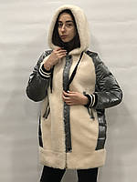 Куртка з натуральної овечої вовни  100% комбінована з капюшоном довжина 80 см 48р 50р 52р 54р колір білий з сірим