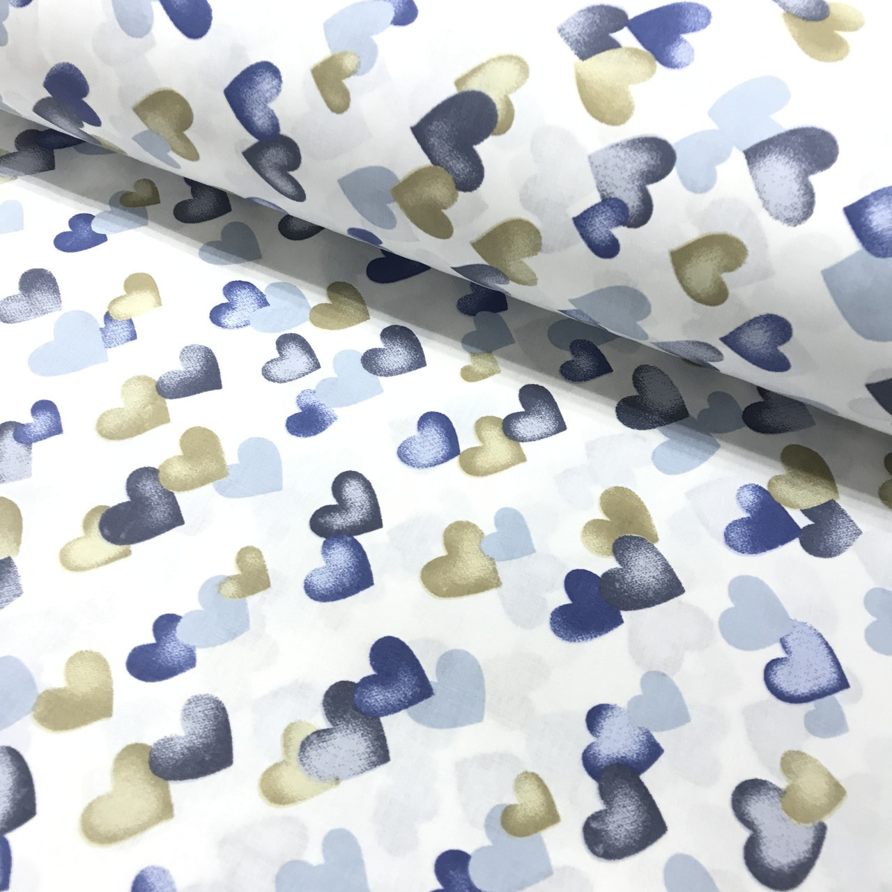 Тканина поплін серця акварель бежево-сині на білому (ТУРЦІЯ шир. 2,4 м) (R-S-0370), фото 1