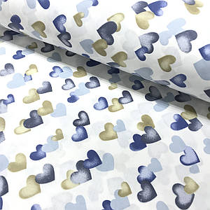 Тканина поплін серця акварель бежево-сині на білому (ТУРЦІЯ шир. 2,4 м) (R-S-0370)