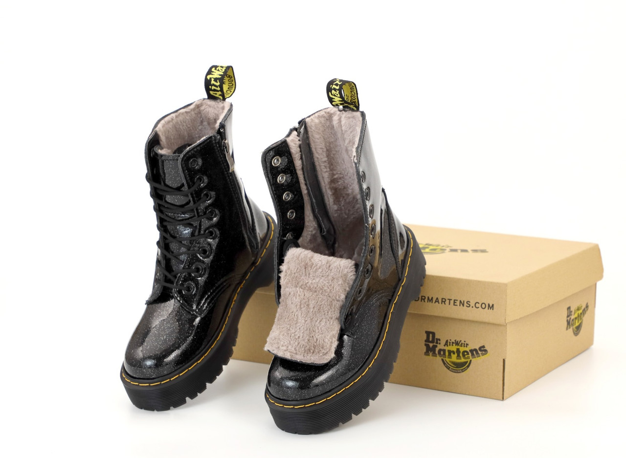 Ін Мартінс Жадон Блек чорні. Мартинсы на зиму Зимові Dr. Martens Jadon Black жіночі черевики чорні З ХУТРОМ, фото 1
