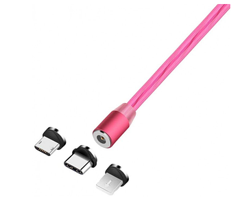 Магнітний кабель 3 в 1 з LED-підсвіткою для Android, Iphone, Type C Magnetic USB Cable, рожевий кабель (KG-818)