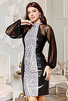 Красивое кожаное платье с прозрачными пышными рукавами 42-48 размеры разные расцветки Серый, 44