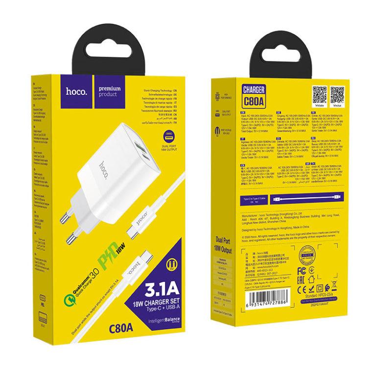 Мережевий зарядний пристрій Hoco C80A Plus Rapido PD + QC3.0 з кабелем Type-C до Type-C, фото 1