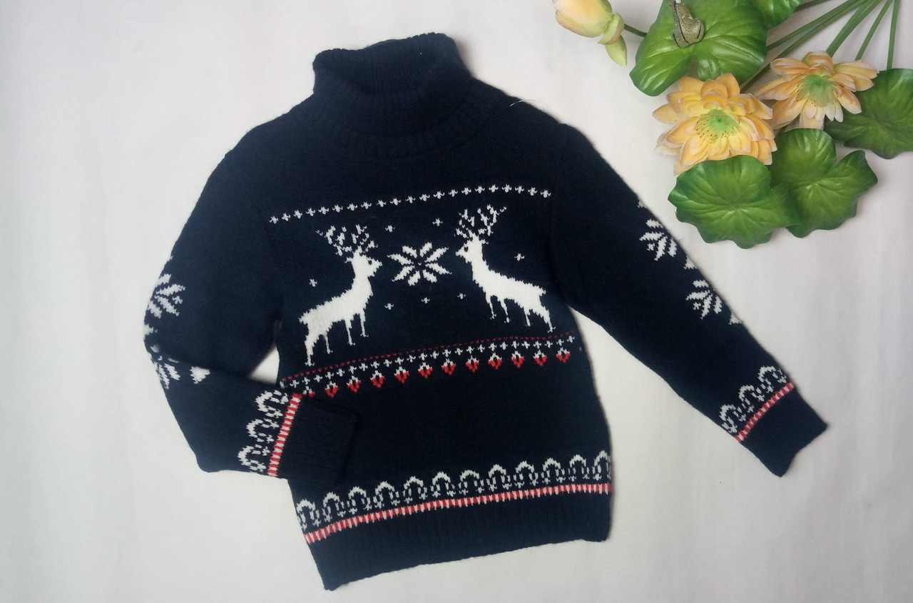 Дитячий зимовий светр з оленями чорний  110 розмір Різдвяний светр для хлопчика/дівчинки, фото 1