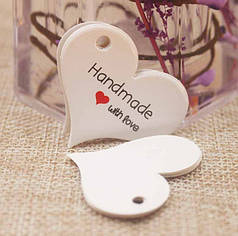 Бирка паперове сердечко "Hand made with love", 4х3,5 см, білий