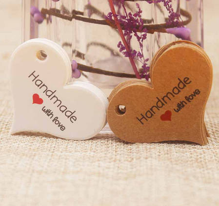 Бирка паперове сердечко "Hand made with love", 4х3,5 см, крафт, фото 3