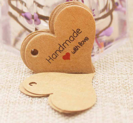 Бирка паперове сердечко "Hand made with love", 4х3,5 см, крафт, фото 1