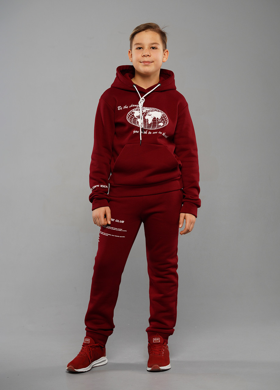 Дитячий спортивний костюм для хлопчиків утеплений трехнитка з начосом Аріс бордовий на флісі на зиму