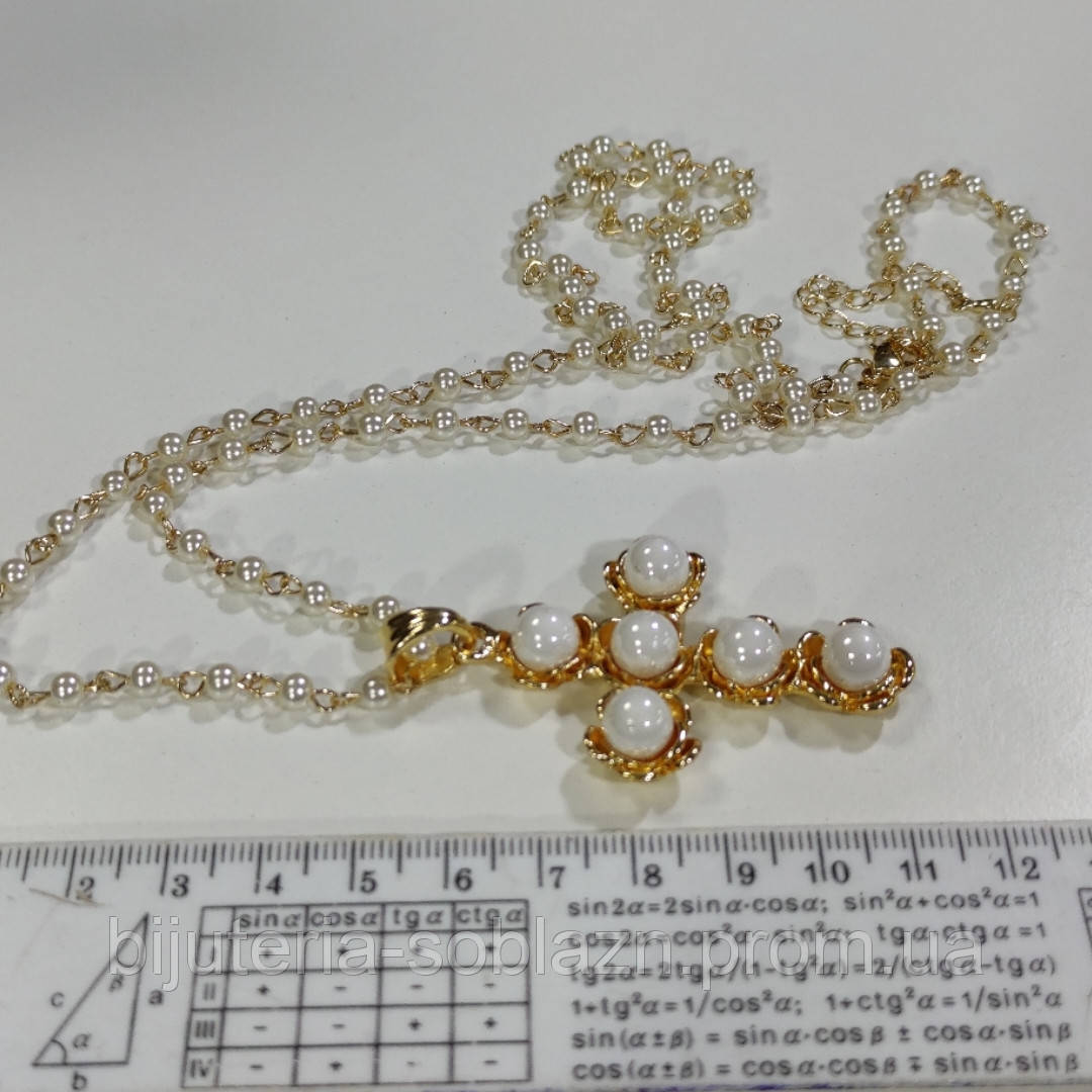 Подвеска цепочка на шею золотистая с кулоном, форма крест оформлен белыми бусинами под жемчуг - фото 3 - id-p255225052