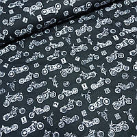 Бавовняна тканина з білими мотоциклами на чорному, ш. 160 см