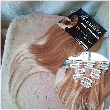 Волосы натуральные на заколках(клипсах) пшеничный блонд REMY18"-18/613