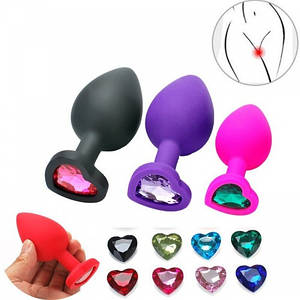 Анальна пробка М 3.4 см силіконова середня з каменем у формі серця TOYFA Silicon Plug + мішечок