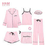 Комплект шелковый в полоску для сна, дома из 7 предметов. Пижама женская в стиле VS, размер XL (розовый), фото 8