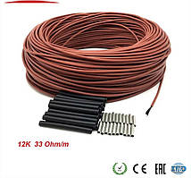 20 метрів. 33 Ом/м. Нагрівальний карбоновий кабель 12К у силіконовій ізоляції