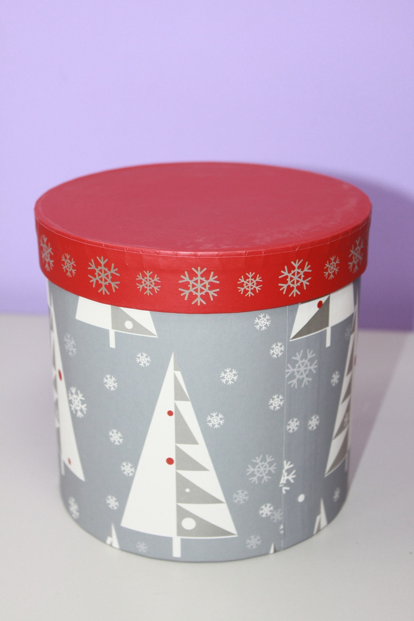 Новорічна подарункова кругла коробка з малюнком ялинки 19 см, фото 1