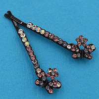 Невидимки для волосся 2 шт чорний метал метелик із бузковими стразами