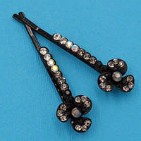 Невидимки для волосся 2 шт чорний метал квіточок із сірими стразами