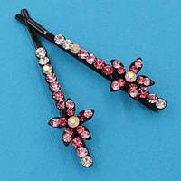 Невидимки для волосся 2 шт чорний метал квітка з рожевими стразами