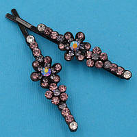 Невидимки для волосся чорний метал 2 шт ромашки з бузковими стразами