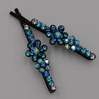 Невидимки для волосся 2 шт чорний метал ромашки з блакитними стразами