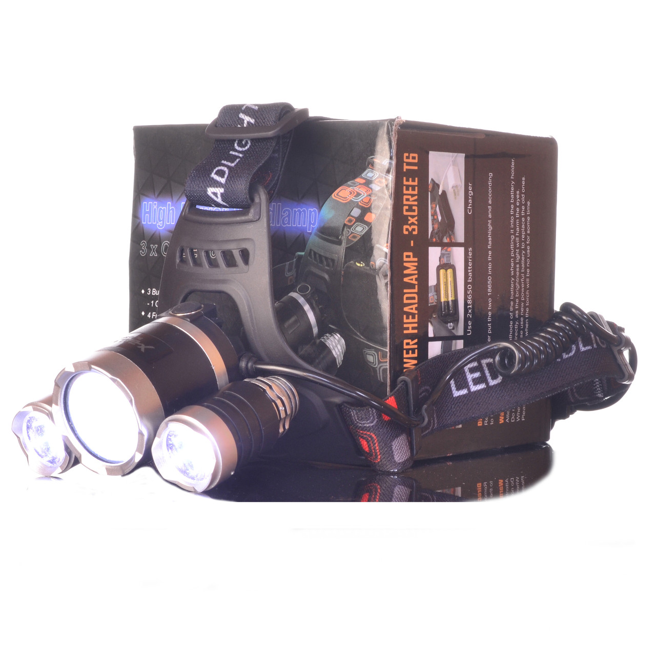Налобний ліхтар потужний RJ-3000 на 2 акумуляторах 18650 Li-ion, 3 лампи — 4 режими