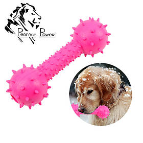 Іграшка для собак шипована гантель для чищення зубів Гумова гантелька масажер для ясен 14 см Рожева