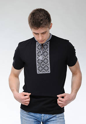 Стримана чоловіча футболка з коротким рукавом в чорному кольорі «Атаманская (сіра вишивка)» XL, фото 2