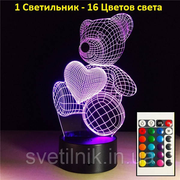 1 Світильник -16 кольорів світла! 3D світильники лампи. Мишко, з пультом управління, Дитячі настільні лампи