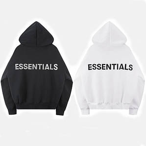 Худі чоловіче FEAR OF GOD ESSENTIALS LOGO чорна біла Толстовка Фир оф Гад Кенгурушка Ессеншл літня, зимова