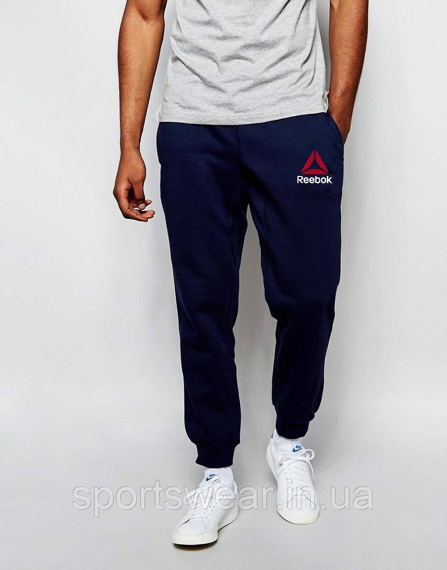 Мужские спортивные штаны Reebok | Рибок синие значёк+имя - фото 1 - id-p1313237067