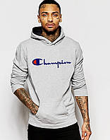 Спортивная кофта Champion HOODIE Мужская толстовка с капюшном Кенгуру серое с логотипом Чемпион Худи Чампион