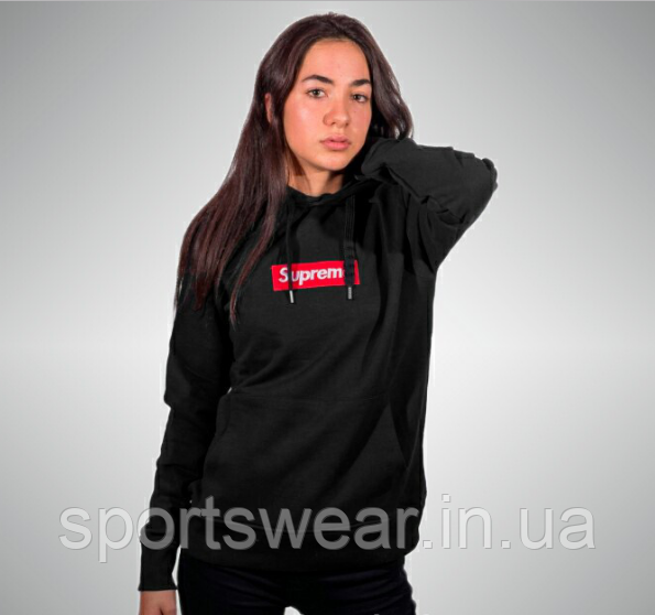 Худи Суприм женское HOODIE Supreme Кофта с капюшоном спортивная черная Кенгуру с принтом Супрем Пайта Сьюприм - фото 1 - id-p1313237667